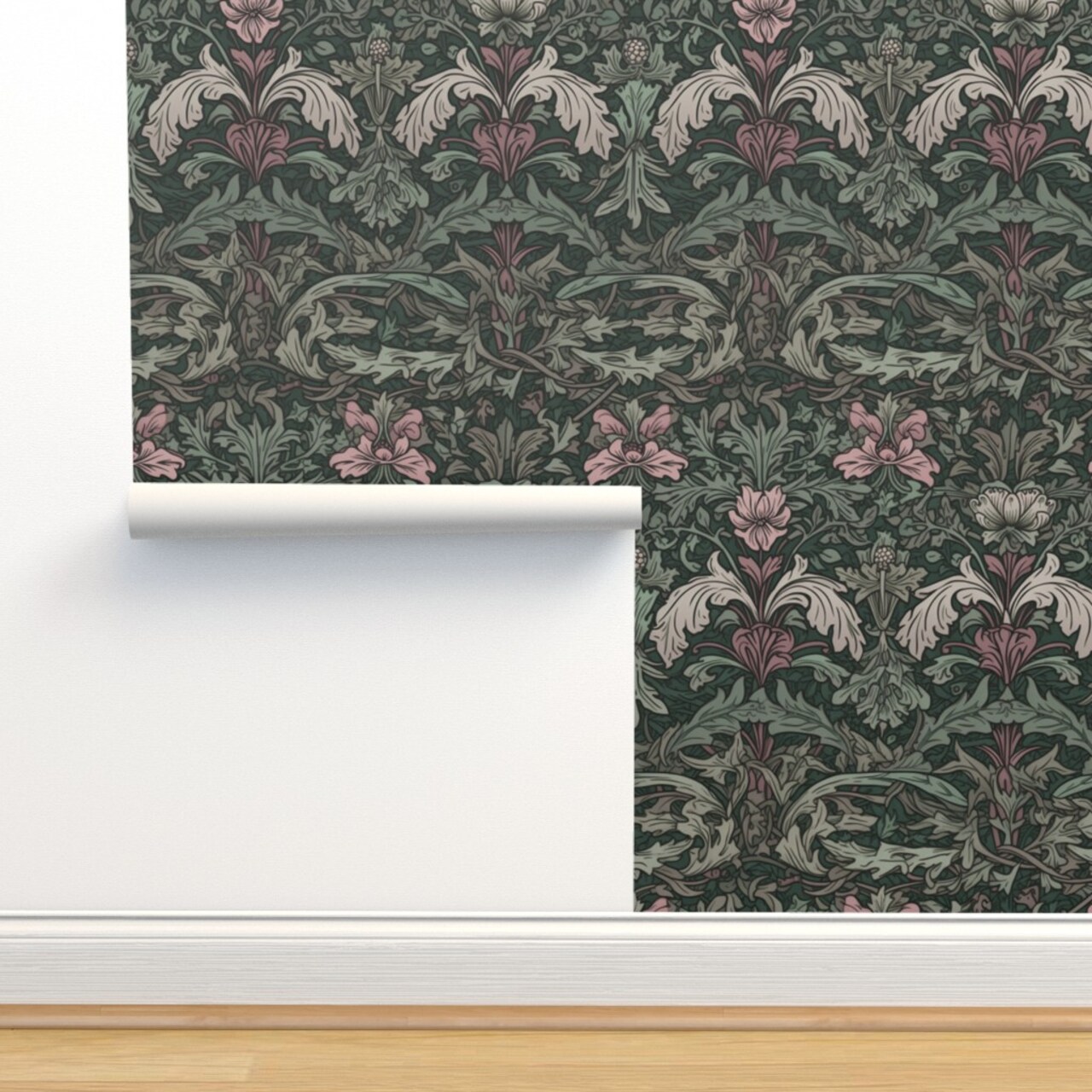 Green Victorian Baroque Rococo Damask Art Nouveau Acanthus Large Scale Classical Floral Botanical Custom Pre-pasted Wallpaper by Spoonflower Pre-Pasted Wallpaper 2FT Wide